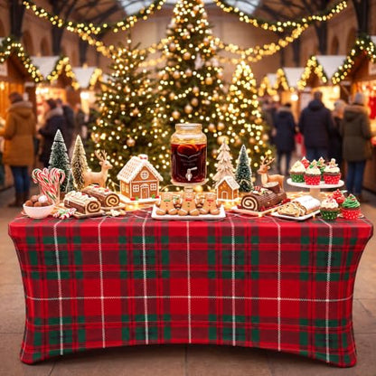 Christmas Plaid Spandex Tablecloth 6FT Red and Green Plaid - Fitted Holiday Table Cover - Variation: Plaid