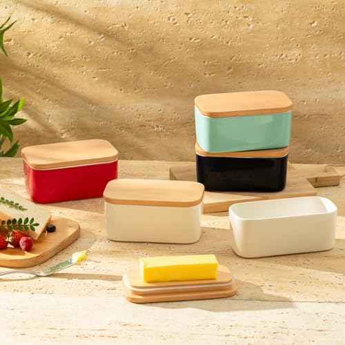 Sweese Large Butter Dish - Airtight Butter Keeper Holds Up to 2 Sticks of Butter - Porcelain Container with Beech Wooden Lid, White