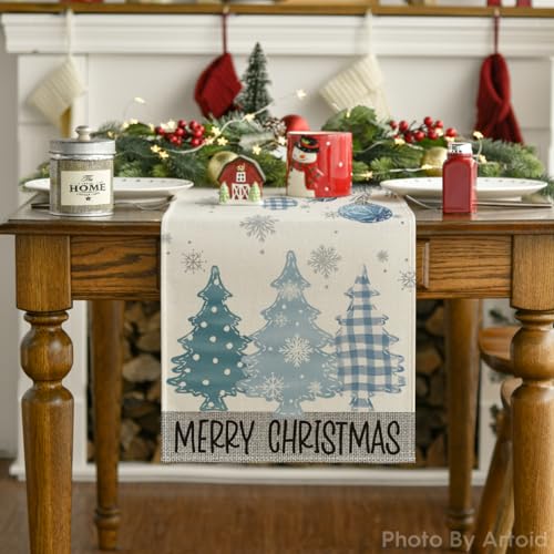 Merry Xmas Pine Tree Table Runner 13x120 Inch Home Party Decor Blue Variation
