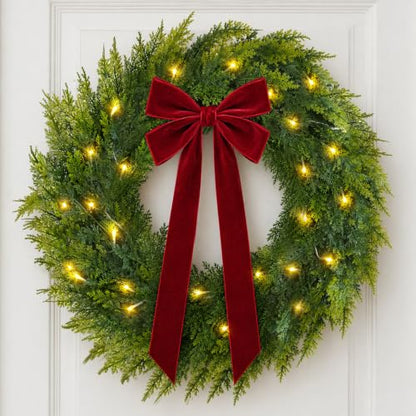 Pre-Lit Christmas Wreath 22 Inch with Red Velvet Bow - Green & Red