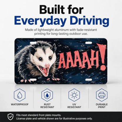 Funny Animal Humor Aluminum License Plate - Screaming Opossum Variation