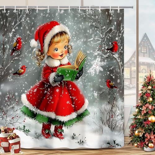 Grey Vintage Christmas Girl Shower Curtain - Retro Winter Snow Scene, 69x70in, Waterproof Fabric with Hooks