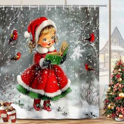 Grey Vintage Christmas Girl Shower Curtain - Retro Winter Snow Scene, 69x70in, Waterproof Fabric with Hooks