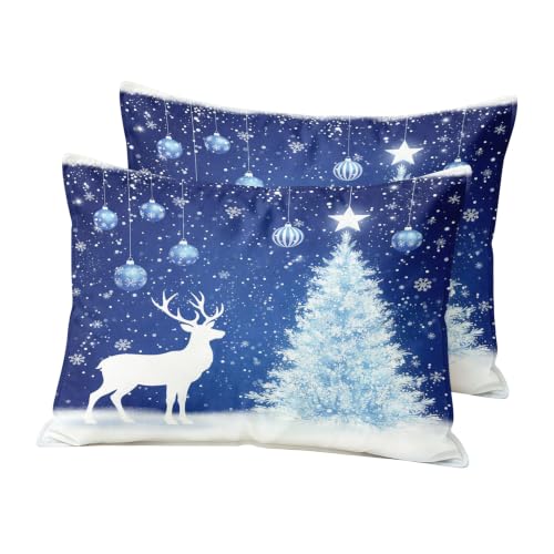King Size Blue Christmas Pillow Cases Set of 2 - Ultra Soft Microfiber, Envelope Closure