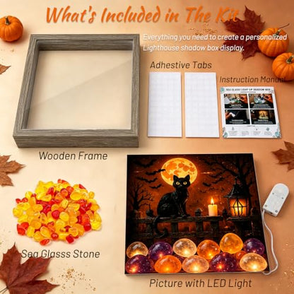 Lighted Shadow Box Frame DIY Craft Kit with LED, Rustic Wood, Sea Stones, Black Cat Halloween Decor