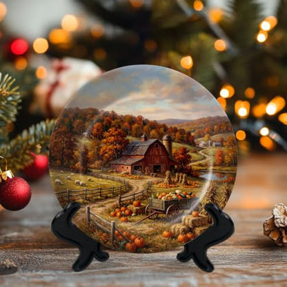 10-Inch Autumn Countryside Ceramic Plate with Stand & Wall Hook - Red Barn & Pumpkins Decor - Variation 3