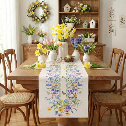 Spring Floral Linen Table Runner - Calendula & Lavender Farmhouse Decor, 13x72 Inch - Spring Home & Party Decoration - Variation of SpringB / 13x72 Inch
