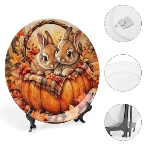 Cute Autumn Pumpkin Rabbits Decorative Bone China Plate 8in - Style 1