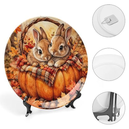 Cute Autumn Pumpkin Rabbits Decorative Bone China Plate 8in - Style 1