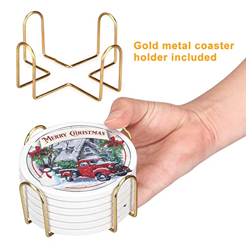 Ceramic Christmas Absorbent Coasters Set of 6 with Car Design and Cork Bottom