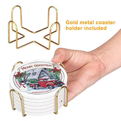 Ceramic Christmas Absorbent Coasters Set of 6 with Car Design and Cork Bottom