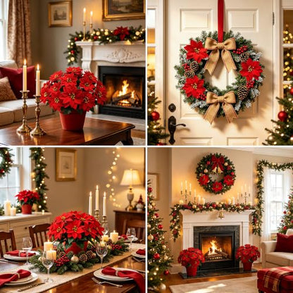 Artificial Red Poinsettia Flowers - Realistic Holiday Christmas Decor - 6PCS