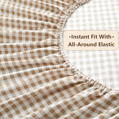 Taupe Gingham Ruffle Queen Bed Sheet Set - Microfiber Plaid Bedding