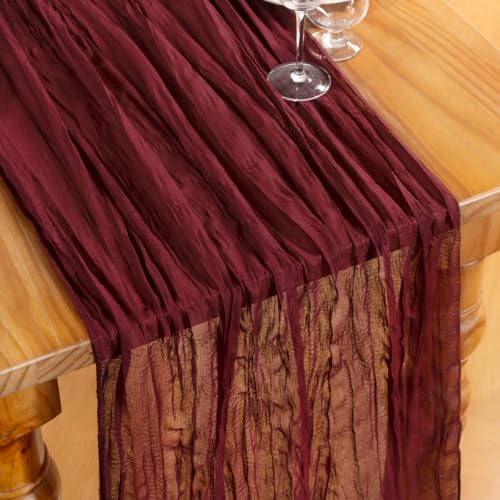 Burgundy Cheesecloth Table Runners 4 Pack - Rustic Boho Holiday Decor