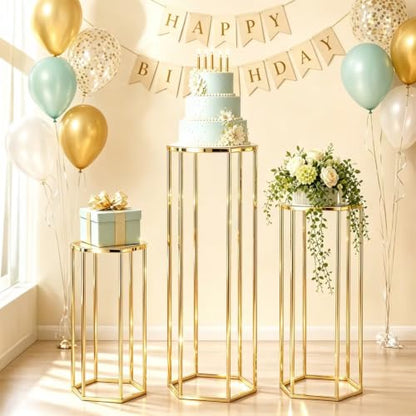 Gold Hexagon Pedestal Stands 3 Sizes for Party Decor, Cake & Centerpieces