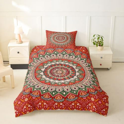 Manfei Peacock Mandala Kids Duvet Cover Set Twin Red - Boho Girls Boys Bedding