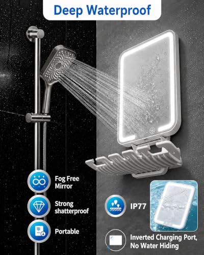 Large Fogless Shower Mirror with Light & Storage Tray - Pearl White 8" x 5.9"