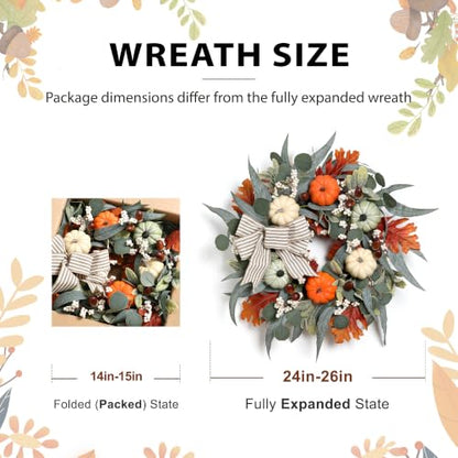 Lighted Fall Wreath with Pumpkins, Autumn Decor for Front Door 24 Inches