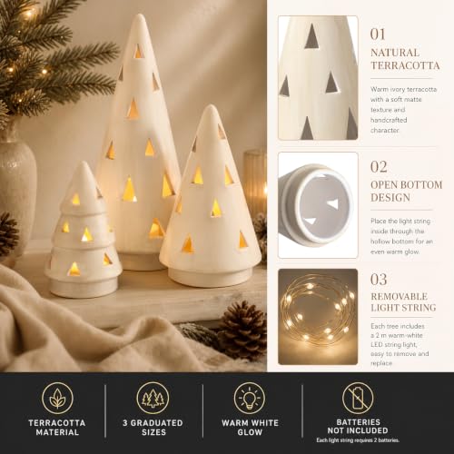 3 Pcs Terracotta Christmas Tree Figurines with LED String Lights - 5.12, 6.69, 9.45 Inches - Rustic Holiday Decor