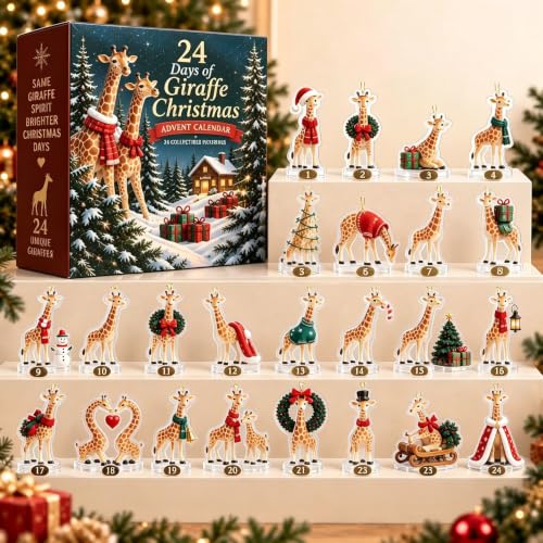 Giraffe Christmas Countdown Decor - 24 Unique Holiday Characters, Festive Table Ornaments