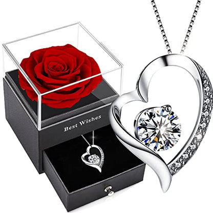 Eternal Rose Gift Box with Necklace - Red Preserved Rose & Silver Heart Pendant