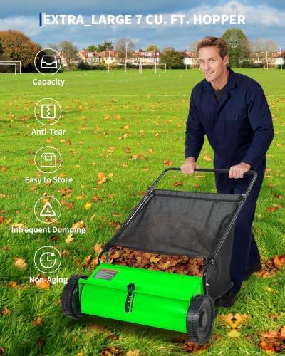 Push Lawn Sweeper 26-Inch Green with 7 Cu.Ft Hopper & Adjustable Brush