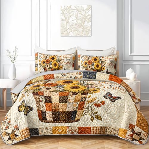 Harvest Floral Full Bedspread Coverlet Set with Quilt and Pillow Shams - Sunflower Basket Patchwork