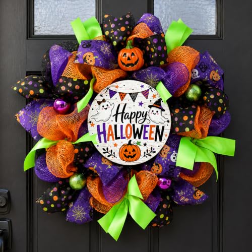 Purple Halloween Wreath for Front Door with Happy Halloween Sign - 18 Inch Outdoor Decor