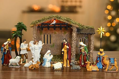 Fovths 7 Inch Lighted Nativity Stable Manger Figurine Set - 17 Pieces for Christmas Decor
