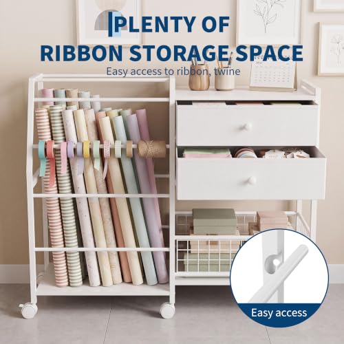 Garvee White 3-Tier Gift Wrap Storage Cart with 2 Drawers - Mobile Organizer