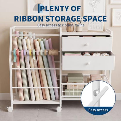 Garvee White 3-Tier Gift Wrap Storage Cart with 2 Drawers - Mobile Organizer