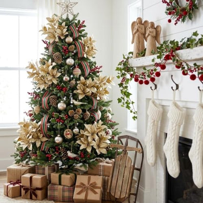 Gold Glitter Magnolia Long Stems - 25.6 Inch Christmas Decor - Set of 3