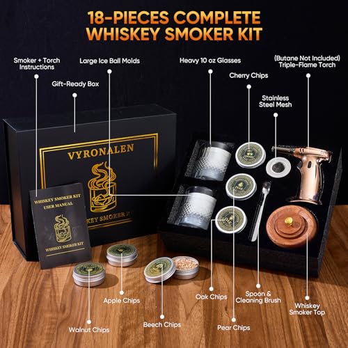Rose Gold Whiskey Smoker Kit with Triple-Flame Torch & Glasses - 18-Piece
