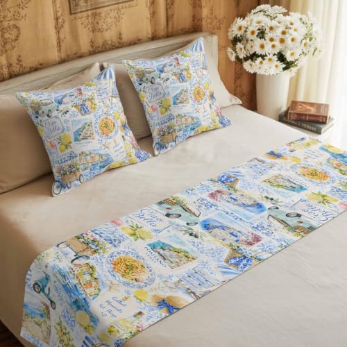Summer Village Bed Runner & Pillow Cover Set Coastal Blue Lemon Yellow 102"