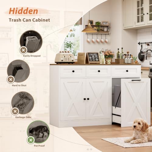 HOSTACK 13 Gallon Kitchen Trash Can Cabinet White - Space-Saving Garbage Storage