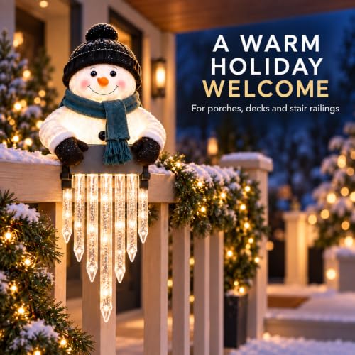 2-Pack Lighted Snowman Railing Decor with Icicle Lights - Winter Holiday