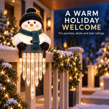 2-Pack Lighted Snowman Railing Decor with Icicle Lights - Winter Holiday