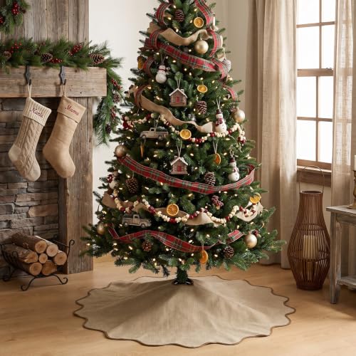Scalloped Christmas Tree Skirt Linen Burlap 36 Inch Farmhouse Rustic Decor