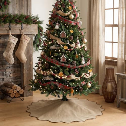 Scalloped Christmas Tree Skirt Linen Burlap 36 Inch Farmhouse Rustic Decor