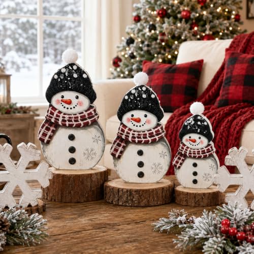 Snowman Christmas Table Decor Set - 5 Pcs Wooden Holiday Figurines with Snowflakes - Black, White, Red / Sweet Variation