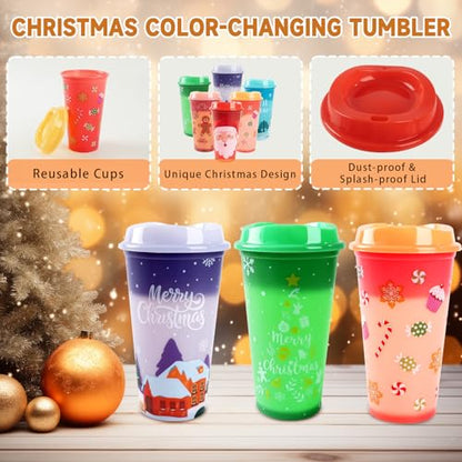 6 Pcs Christmas Color Changing Hot Coffee Cups with Lids - 16 Oz Reusable Plastic Tumblers for Holiday Parties