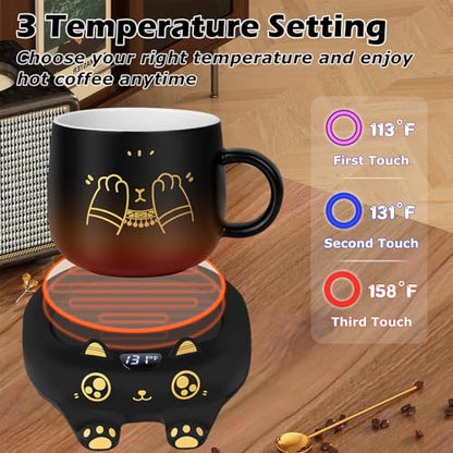 Ador Black Cat Mug & Coffee Warmer Set with Auto Shut Off - Cute Ceramic Mug & 3 Temp Settings