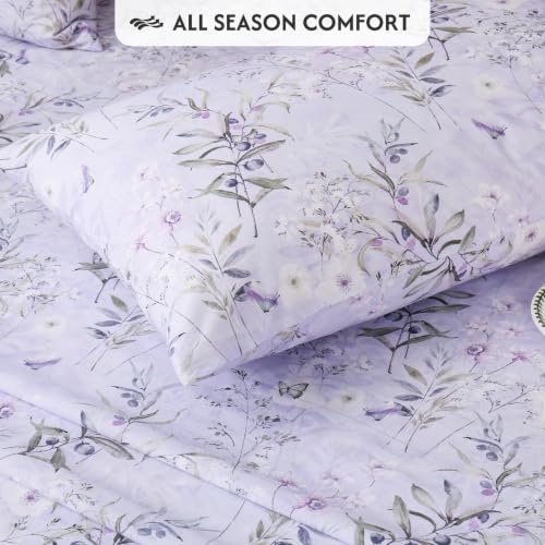 Light Purple Floral Queen Cotton Sheet Set - 4 Piece Percale Bedding