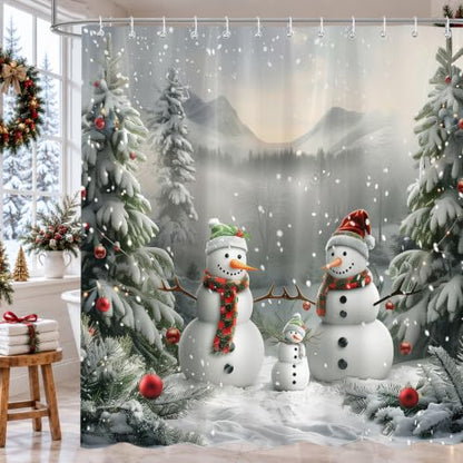 Winter Snowman Shower Curtain - 72x72 Inch Holiday Bathroom Decor with 12 Hooks - Snowman Design, Waterproof Polyester