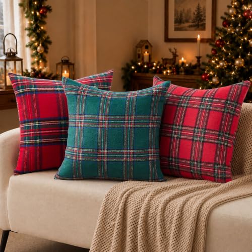 Christmas Plaid Pillow Covers Set - Green 18x18 Inches, Pack of 2