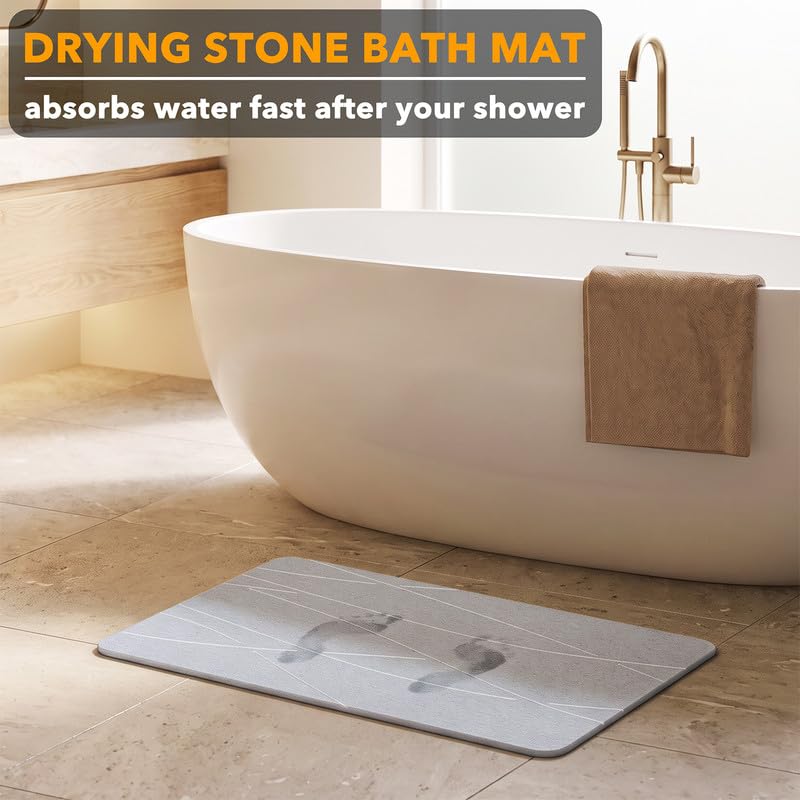 SpaceAid Stone Bath Mat - Gray Line, 23.6 x 15.4 Inches, Quick Dry, Non-Slip