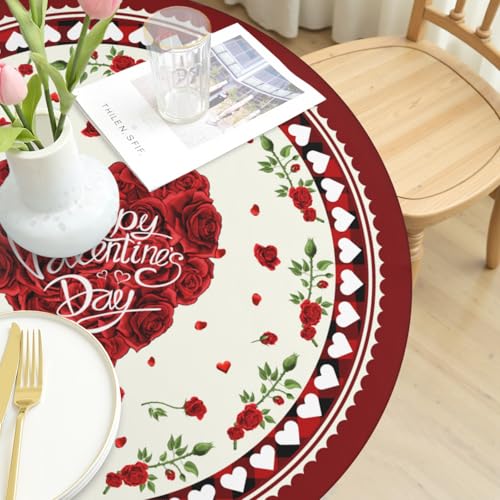 Heart Crimson Round Fitted Tablecloth with Elastic Edge - 44 Inch