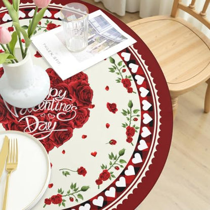Heart Crimson Round Fitted Tablecloth with Elastic Edge - 44 Inch