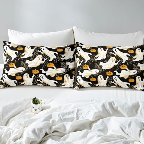 Halloween Ghost Duvet Cover Set Queen Size Black Orange Pumpkin Bedding