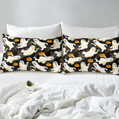 Halloween Ghost Duvet Cover Set Queen Size Black Orange Pumpkin Bedding